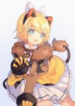  1girl absurdres all_fours animal_ears bangs black_gloves blonde_hair blue_eyes brown_jacket chaji_xiao_bai claw_pose collar commentary fang fur-trimmed_gloves fur-trimmed_jacket fur_trim gloves hair_ornament hairclip hand_up highres jacket kagamine_rin lion_ears lion_tail looking_at_viewer magical_mirai_(vocaloid) open_mouth pleated_skirt short_hair skin_fang skirt smile solo swept_bangs symbol_commentary tail two-tone_gloves vocaloid white_background white_skirt yellow_gloves yellow_skirt 