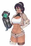  1girl abs alex_(nobodybutalex) black_hair black_panties borrowed_character breasts cleavage cleavage_cutout clenched_hand colette_(psuede) cyborg dark_skin glasses green_eyes hair_between_eyes hand_on_hip highres looking_to_the_side mechanical_arms mechanical_leg medium_breasts midriff navel open_fly original oversized_forearms oversized_limbs panties popped_collar ringed_eyes scar semi-rimless_eyewear short_ponytail short_shorts shorts single_thighhigh solo sports_bra thighhighs under-rim_eyewear underwear vest white_background 