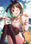  1girl atelier_(series) atelier_ryza blush breasts brown_eyes brown_gloves brown_hair cleavage coconat_summer collarbone commentary_request eyebrows_visible_through_hair gloves hair_ornament hairclip hat highres jewelry looking_at_viewer necklace one_eye_closed orange_eyes red_shorts reisalin_stout short_shorts shorts single_glove smile solo star star_necklace thighhighs thighs 