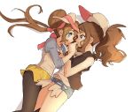  2girls ankea_(a-ramo-do) back_bow bare_shoulders baseball_cap black_legwear black_vest blue_eyes blue_shorts bow brown_hair closed_mouth double_bun eye_contact from_above hair_ribbon hand_up happy hat long_hair long_sleeves looking_at_another lying mei_(pokemon) micro_shorts midriff_peek multiple_girls navel on_side pantyhose pink_bow pink_headwear pink_ribbon pokemon pokemon_(game) pokemon_bw pokemon_bw2 ponytail profile raglan_sleeves ribbon shirt shorts simple_background sleeveless sleeveless_shirt smile tied_hair touko_(pokemon) twintails vest visor_cap white_background white_shirt yellow_shorts yuri 