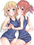  2girls ass black_eyes blonde_hair blush breasts closed_mouth collarbone eyebrows_visible_through_hair hair_between_eyes hair_ornament hair_ribbon hand_on_another&#039;s_waist head_tilt highres holding_hands long_hair looking_at_viewer multiple_girls nogi_sonoko one-piece_swimsuit red_eyes red_hair ribbon rits_(apud8788) sanshuu_middle_school_swimsuit school_swimsuit short_ponytail small_breasts smile swimsuit white_ribbon yuuki_yuuna yuuki_yuuna_wa_yuusha_de_aru yuusha_de_aru 