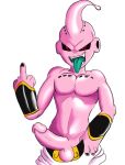  2019 alien balls clothed clothing dragon_ball dragon_ball_z gesture humanoid kid_buu littletrixter majin majin_buu male middle_finger not_furry open_mouth penis pink_skin red_eyes solo teasing teeth tongue 