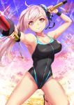  1girl armpits asymmetrical_hair bangs bare_shoulders black_ribbon black_swimsuit blue_eyes blue_swimsuit blush breasts bun_cover cleavage closed_mouth covered_navel fate/grand_order fate_(series) hair_bun hair_ribbon highleg highleg_swimsuit highres large_breasts long_hair looking_at_viewer miyamoto_musashi_(fate/grand_order) miyamoto_musashi_(swimsuit_berserker)_(fate) ocean pink_hair ribbon sakiyamama smile solo sunset swept_bangs swimsuit toy_sword two-tone_swimsuit wristband 