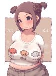  1girl arms_behind_back blue_eyes blush breasts brown_hair dot_nose double_bun fat_folds head_tilt ibukichi large_breasts looking_at_viewer medium_hair monster_hunter navel parted_hair plump shirt sidelocks solo steaming_body sweat t-shirt tareme tied_shirt tight_shirt uniqlo upper_body wavy_mouth white_shirt 