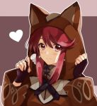  1girl animal_ears artist_request bangs blush cat_ears earrings fingerless_gloves gloves hair_ornament homura_(xenoblade_2) hood jewelry looking_at_viewer red_eyes red_hair rex_(xenoblade_2) robe short_hair simple_background smile solo xenoblade_(series) xenoblade_2 