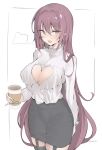  1girl :d absurdres arm_behind_back bangs bespectacled black_legwear black_skirt blush breasts cleavage cleavage_cutout commentary cowboy_shot cup disposable_cup earrings eyebrows_visible_through_hair fate/grand_order fate_(series) garter_straps glasses hair_between_eyes heart_cutout highres holding holding_cup jewelry large_breasts long_hair long_sleeves looking_at_viewer no_bra open_mouth pencil_skirt pring654 purple_eyes purple_hair scathach_(fate)_(all) scathach_(fate/grand_order) shirt sidelocks skirt smile solo thighhighs white_background white_shirt work_in_progress zettai_ryouiki 
