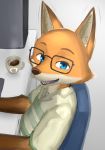  2018 anthro beverage blue_eyes canid canine chair citail clothing coffee cup desk eyewear fox fur glasses hi_res kalk427 looking_at_viewer male mammal open_mouth orange_fur shirt sitting smile solo teeth topwear 
