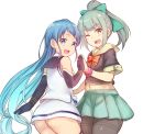  2girls ass blue_eyes blue_hair blush bow elbow_gloves eyebrows_visible_through_hair gloves gradient_hair green_hair green_skirt hair_between_eyes hair_bow highres kantai_collection long_hair looking_at_viewer mogera81 multicolored_hair multiple_girls navel neckerchief one_eye_closed open_mouth pantyhose ponytail sailor_collar samidare_(kantai_collection) school_uniform serafuku shirt simple_background skirt sleeveless sleeveless_shirt smile tank_top thighhighs very_long_hair white_background yuubari_(kantai_collection) 