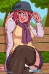  bench clothing eyewear female glasses hat headgear headwear keiron_white lagomorph leporid mammal rabbit scarf smile solo tree 