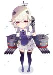  1girl azur_lane black_legwear blush bulldog_(azur_lane) cannon commentary_request full_body gloves hair_ornament hairclip looking_at_viewer red_eyes reimin short_hair simple_background solo standing thighhighs torpedo_tubes turret white_background white_gloves white_hair 
