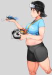  1girl belly bike_shorts black_hair blush breasts character_request controller copyright_request drone eyebrows_visible_through_hair grey_background hair_between_eyes headgear highres holding kumaneko medium_breasts medium_hair midriff navel parted_lips plump quadcopter remote_control shirt solo t-shirt tareme tied_shirt walking watch wristwatch 