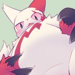  1:1 2017 ambiguous_gender anthro blush claws cotora fangs fur looking_at_viewer looking_down nintendo open_mouth pok&eacute;mon pok&eacute;mon_(species) red_eyes red_fur solo standing video_games white_fur zangoose 