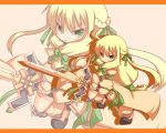  1girl :o ahoge bangs black_footwear blonde_hair blush boots bow braid brown_background brown_legwear brown_sleeves chibi copyright_request detached_sleeves eyebrows_visible_through_hair front_ponytail green_bow green_eyes green_ribbon hair_between_eyes hair_bow hair_ribbon holding holding_sword holding_weapon kneehighs long_hair long_sleeves loose_socks mori_no_kaeru parted_lips ribbon sleeves_past_wrists solo standing standing_on_one_leg sword two-handed v-shaped_eyebrows very_long_hair weapon zoom_layer 