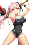  1girl armpits asymmetrical_hair bangs bare_shoulders black_ribbon black_swimsuit blue_eyes blue_swimsuit blush breasts bun_cover cleavage closed_mouth covered_navel fate/grand_order fate_(series) hair_bun hair_ribbon highleg highleg_swimsuit highres large_breasts long_hair looking_at_viewer miyamoto_musashi_(fate/grand_order) miyamoto_musashi_(swimsuit_berserker)_(fate) pink_hair ribbon sakiyamama smile solo swept_bangs swimsuit toy_sword two-tone_swimsuit wristband 