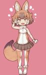  1girl animal_ear_fluff animal_ears bare_shoulders boots bow bowtie brown_hair commentary_request dhole_(kemono_friends) dog_ears dog_tail extra_ears eyebrows_visible_through_hair fangs full_body fur_collar glove_bow gloves grey_skirt hair_between_eyes highres kemono_friends kolshica light_brown_hair light_brown_legwear light_brown_shirt multicolored_hair open_mouth pleated_skirt salute shirt shoe_bow shoes sidelocks skirt sleeveless smile solo tail thighhighs two-tone_legwear two-tone_shirt white_gloves white_hair white_legwear white_neckwear white_shirt yellow_eyes zettai_ryouiki 