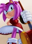  accessory amy_rose anthro boots clothing dress eulipotyphlan female footwear fur gloves green_eyes hammer handwear headband hedgehog hi_res holding_object holding_weapon kalk427 mammal piko_piko_hammer pink_fur red_clothing red_dress simple_background smile solo sonic_(series) tan_background tools weapon 