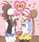  2girls ankea_(a-ramo-do) arms_behind_back back_bow bare_shoulders baseball_cap black_legwear black_vest blue_eyes blue_shorts blush bow box breasts brown_hair candy chocolate chocolate_heart closed_eyes collarbone cowboy_shot double_bun feeding food hand_up happy hat heart heart-shaped_box highres holding infinity long_hair long_sleeves mei_(pokemon) multiple_girls open_mouth pantyhose pink_bow pink_headwear poke_ball_symbol poke_ball_theme pokemon pokemon_(game) pokemon_bw pokemon_bw2 ponytail raglan_sleeves shiny shiny_hair shirt short_shorts shorts sleeveless sleeveless_shirt small_breasts smile standing tied_hair touko_(pokemon) twintails vest visor_cap white_shirt wristband yellow_shorts yuri 