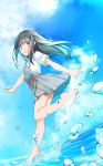  1girl :d asashio_(kantai_collection) bangs barefoot black_hair blue_sky blush cloud cloudy_sky comah commentary_request day dress_shirt eyebrows_visible_through_hair green_eyes grey_skirt highres kantai_collection long_hair looking_at_viewer looking_to_the_side open_mouth outdoors pleated_skirt shirt short_sleeves skirt sky smile solo standing standing_on_one_leg suspender_skirt suspenders upper_teeth water water_drop white_shirt 