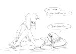 anthro asriel_dreemurr bed biting_shirt blush bovid caprine chara_(undertale) clothing dialogue eye_contact female hi_res holding_legs human human_on_anthro humor interspecies kneeling looking_at_another male mammal on_bed pillow sex simple_background text undertale video_games virginity_loss 。 