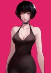  1girl absurdres arms_at_sides bare_shoulders black_hair blueriest breasts brown_dress cleavage closed_mouth cowboy_shot dress english_commentary highres large_breasts persona persona_5 pink_background pink_lips red_eyes short_hair simple_background solo standing studded_choker takemi_tae 