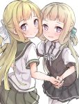  2girls :d black_skirt blonde_hair blush bow brown_shirt child closed_mouth eyebrows_visible_through_hair green_bow highres holding_hands long_hair multiple_girls nogi_sonoko open_mouth pleated_skirt puffy_short_sleeves puffy_sleeves purple_eyes rits_(apud8788) sanshuu_middle_school_uniform school_uniform serafuku shinju-kan_uniform shirt short_sleeves skirt smile striped striped_bow time_paradox very_long_hair washio_sumi_wa_yuusha_de_aru white_bow white_shirt yuuki_yuuna_wa_yuusha_de_aru yuusha_de_aru 