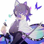  1girl black_hair bug butterfly butterfly_hair_ornament butterfly_on_finger chi_ya hair_ornament haori highres holding holding_weapon insect japanese_clothes kimetsu_no_yaiba kochou_shinobu looking_at_viewer purple_eyes sidelocks smile solo sword uniform weapon white_background 