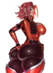  1girl ass back bangs blue_eyes blush bodysuit breasts code_geass greatmosu hair_intakes hands_on_hips headband highres kallen_stadtfeld large_breasts looking_at_viewer looking_back open_mouth pink_hair red_bodysuit short_hair simple_background solo thighs white_background 