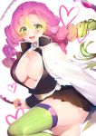  1girl absurdres blush braid breasts cleavage cowboy_shot gradient_hair green_legwear heart highres hoerutarou holding holding_sword holding_weapon kanroji_matsuri kimetsu_no_yaiba large_breasts legs long_hair looking_at_viewer mole multicolored_hair open_clothes open_mouth open_shirt pink_hair pleated_skirt skirt solo sword teeth thighhighs twin_braids two-tone_hair uniform weapon white_background 