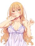 1girl bangs bare_arms bare_shoulders blonde_hair blush breasts brown_eyes cleavage collarbone commentary_request eyebrows_visible_through_hair hair_between_eyes heterochromia highres large_breasts long_hair nightgown original solo suterii upper_body white_nightgown yellow_eyes 