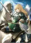  1girl blonde_hair boots braid breastplate cloud feathers fire_emblem fire_emblem:_three_houses fire_emblem_cipher gloves green_eyes ingrid_brandol_galatea long_hair official_art open_mouth pegasus pegasus_knight polearm single_braid sitting sky solo spear thighhighs weapon 