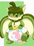  2019 ambiguous_gender blush collar diaper dragon fur furred_dragon green_eyes green_fur green_hair hair hi_res one_eye_closed rokesys solo wings 