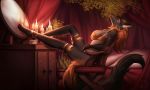  andyd anthro black_fur breasts candle canid canine chair clothed clothing digitigrade female fire fur hair leaf legs_up long_hair mammal mirror reclining solo 