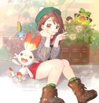  1girl ankea_(a-ramo-do) artist_name bangs black_eyes blue_eyes blush boots brown_eyes brown_footwear brown_hair bush chin_rest closed_mouth dress female_protagonist_(pokemon_swsh) flat_chest flower full_body gen_8_pokemon green_headwear green_legwear grey_cardigan grookey hands_up happy highres knees_together_feet_apart light_blush long_sleeves looking_at_viewer open_mouth orange_eyes pink_dress plaid plaid_legwear pokemon pokemon_(creature) pokemon_(game) pokemon_swsh rose scorbunny shiny shiny_hair short_hair sitting smile sobble socks twitter_username v water white_flower white_rose 