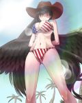  1girl alternate_costume american_flag american_flag_bikini arms_behind_back bare_legs bikini black_hair blush bow_bikini breasts cleavage coconut_tree commentary_request cowboy_hat day eyebrows_visible_through_hair eyes_visible_through_hair feathered_wings flag_print from_below hat horse_tail knees kurokoma_saki large_breasts light_smile long_hair looking_at_viewer looking_down navel outdoors palm_tree pegasus_wings ponytail red_eyes shaded_face sky standing sun sunlight sunyup swimsuit tail toned touhou tree underboob wings 