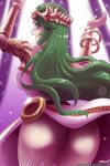  1girl ass bare_shoulders bracelet breasts club clubroom dancing dress goddess green_eyes green_hair hair_ornament hands_up highres jewelry john_joseco kid_icarus kid_icarus_uprising large_breasts lights long_hair no_panties open_mouth palutena pussy solo weapon white_dress white_legwear 