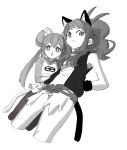  2girls animal_ears ankea_(a-ramo-do) bangs bare_shoulders breasts cat_ears cat_tail closed_mouth cropped_legs double_bun dutch_angle eyebrows_visible_through_hair greyscale hand_in_pocket highres long_hair long_sleeves looking_to_the_side mei_(pokemon) monochrome multiple_girls open_mouth pantyhose poke_ball_symbol poke_ball_theme pokemon pokemon_(game) pokemon_bw pokemon_bw2 ponytail raglan_sleeves shirt short_shorts shorts simple_background sleeveless sleeveless_shirt small_breasts standing tail tied_hair touko_(pokemon) twintails vest white_background wristband yuri 