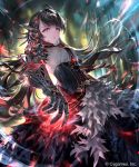  1girl android armor bangs black_hair blurry blurry_background breasts commentary_request corset dress expressionless floating_hair frilled_dress frills gears gem glowing grey_eyes highres irua long_hair looking_at_viewer mechanical_arms mono_garnet_rebel motion_blur multicolored multicolored_eyes official_art robot_joints shadowverse slit_pupils solo watermark wind 