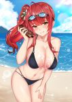  1girl absurdres azur_lane bangs bare_legs bare_shoulders beach bikini black_bikini blue_sky blush bottle breasts cleavage closed_mouth cloud collarbone commentary cowboy_shot day eyebrows_visible_through_hair eyelashes goggles goggles_on_head hair_between_eyes highres holding holding_bottle horizon large_breasts leaning_forward long_hair looking_at_viewer lotion lotion_bottle multi-strapped_bikini navel o-ring o-ring_bikini o-ring_bottom o-ring_top ocean outdoors red_hair sand side_ponytail sidelocks skindentation sky smile solo standing sunscreen swimsuit water xiao_dao_jun yellow_eyes zara_(azur_lane) zara_(poolside_coincidence)_(azur_lane) 