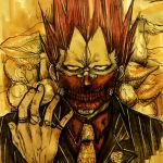  1boy benicio dorohedoro en_(dorohedoro) face formal highres jewelry looking_at_viewer male_focus mask mushroom necktie portrait red_hair ring solo suit 