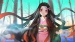  1girl asanogawa_(tutufcc) bangs bare_tree black_hair blue_sky blurry blurry_background brown_eyes checkered commentary_request day depth_of_field fingernails floating_hair forehead gradient_hair hair_ribbon highres japanese_clothes kamado_nezuko kimetsu_no_yaiba kimono long_hair long_sleeves looking_at_viewer multicolored_hair obi outdoors parted_bangs pink_kimono pink_ribbon purple_eyes ribbon sash sky sleeves_past_wrists solo standing tree upper_body very_long_hair wide_sleeves 