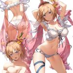  1girl arched_back arm_behind_head armpits arms_up ass ass_visible_through_thighs back bare_shoulders bikini blue_eyes breast_hold breasts brown_hair cleavage closed_mouth collarbone contrapposto covered_nipples europa_(granblue_fantasy) flower from_behind granblue_fantasy hair_flower hair_ornament large_breasts leg_ribbon looking_at_viewer multiple_views navel open_mouth ribbon see-through sheer_clothes short_hair sidelocks simple_background stomach suzuame_yatsumi swimsuit tiara topless white_background white_bikini yellow_flower 