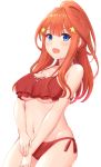  1girl absurdres ahoge bangs bare_shoulders bikini blue_eyes blunt_bangs blush breasts cleavage collarbone commentary fingernails frilled_bikini frills go-toubun_no_hanayome groin hair_ornament halter_top halterneck highres inanaki_shiki long_hair looking_at_viewer medium_breasts midriff nail_polish nakano_itsuki navel open_mouth pink_nails ponytail red_hair side-tie_bikini sidelocks simple_background solo standing star star_hair_ornament stomach sweatdrop swimsuit underboob white_background 
