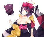  1girl absurdres bangs bare_shoulders blue_eyes blush breasts collarbone commentary_request eyebrows_visible_through_hair fate/grand_order fate_(series) flower hair_flower hair_ornament highres japanese_clothes katsushika_hokusai_(fate/grand_order) kimono large_breasts looking_at_viewer octopus purple_hair short_hair simple_background smile solo white_background yukaa 