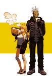  1boy 1girl black_hoodie blonde_hair bonchocola breasts caiman dorohedoro dumpling eating food full_body grey_eyes highres hood hoodie jacket jiaozi knee_pads large_breasts legs long_hair nikaidou_(dorohedoro) shirt shoes simple_background skeleton_print white_shirt 