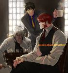  3boys black_hair board_game chair chess closed_mouth collar copyright_name cup fang formal glasses holding holding_cup housui_(g3hopes) kekkai_sensen klaus_von_reinhertz long_sleeves looking_at_another multiple_boys red_hair red_neckwear short_hair sitting standing steven_a._starphase suit white_hair yellow_neckwear zap_renfro 