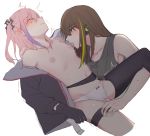 2girls black_gloves black_jacket black_legwear blush brown_eyes brown_hair closed_mouth collarbone english_commentary flat_chest girls_frontline gloves green_hair highres jacket licking long_hair m4a1_(girls_frontline) multicolored_hair multiple_girls navel nipple_licking nipples open_clothes open_jacket panties pink_hair purple_hair simple_background st_ar-15_(girls_frontline) streaked_hair thigh_strap tongue tongue_out underwear white_background white_panties yuri yuutama2804 