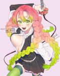  1girl braid breasts english_text gradient_hair green_eyes green_legwear grey_background holding holding_sword holding_weapon kanroji_matsuri kimetsu_no_yaiba large_breasts long_hair looking_at_viewer mizuki_mau mole multicolored_hair multiple_braids open_clothes open_mouth pink_hair pleated_skirt ribbed_legwear skirt solo sword teeth thighhighs uniform very_long_hair weapon 