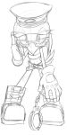  1:2 anthro avian belt bird black_and_white boots breasts cleavage clothed clothing fan_character feathers female footwear full-length_portrait handcuffs hat headgear headwear holding_object kalk427 monochrome police_uniform portrait shackles sketch solo sonic_(series) standing uniform 