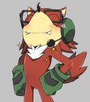  anthro blush canid canine canis chest_tuft clothing custom_character_(sonic_forces) eyes_closed eyewear fangs fur glasses gloves grey_background handwear headgear headphones headset kalk427 male mammal proud red_fur simple_background smile solo sonic_(series) sonic_forces sparkles tuft white_fur wolf 