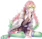  1girl between_legs blush braid breasts full_body gradient_hair green_eyes green_legwear hand_between_legs haori highres japanese_clothes kanroji_matsuri kimetsu_no_yaiba large_breasts long_hair looking_at_viewer mole multicolored_hair nizakana_takaharu open_clothes open_mouth pink_hair pleated_skirt ribbed_legwear sitting skirt solo teeth twin_braids very_long_hair white_background 